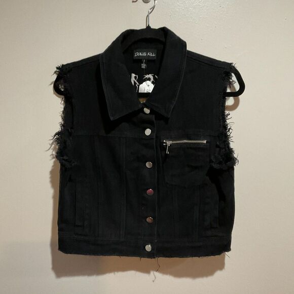 NWTs Dolls Kill Cropped Black Denim Jacket Women's Size Large Goth Grunge - Picture 2 of 10
